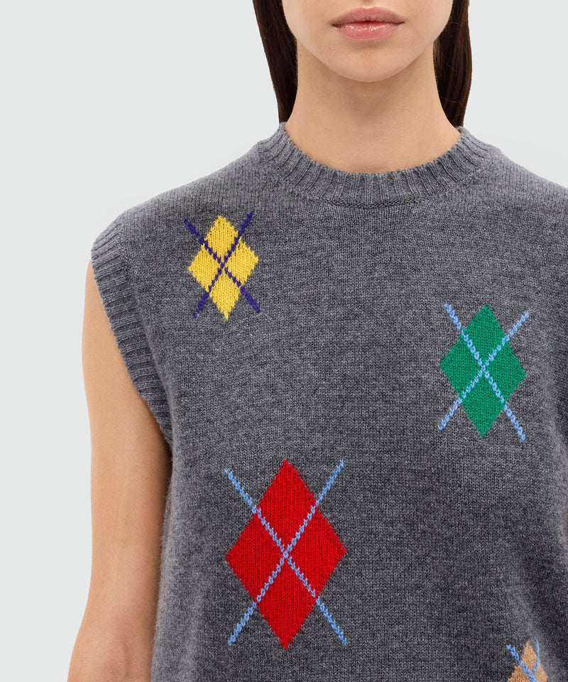 Grey melange knitted vest with multicolor argyle pattern 97 Women 