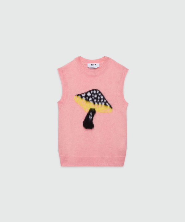 Pink mohair vest with "Fantastic Mushroom" motif