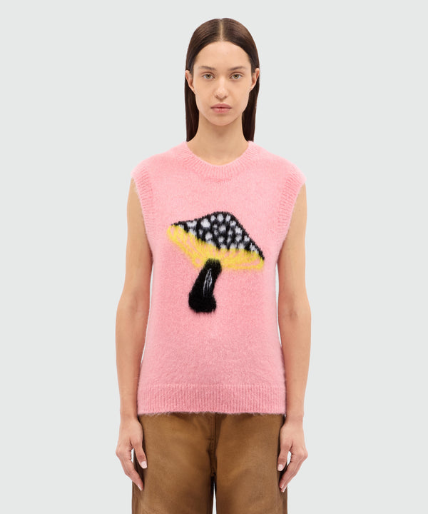 Pink mohair vest with "Fantastic Mushroom" motif