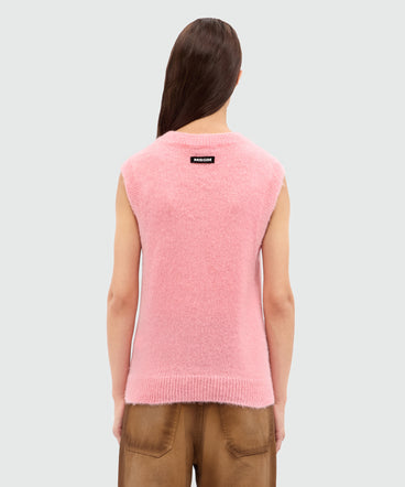 Pink mohair vest with "Fantastic Mushroom" motif