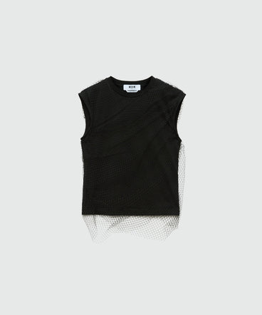 Top nero in jersey di cotone con layer in tulle