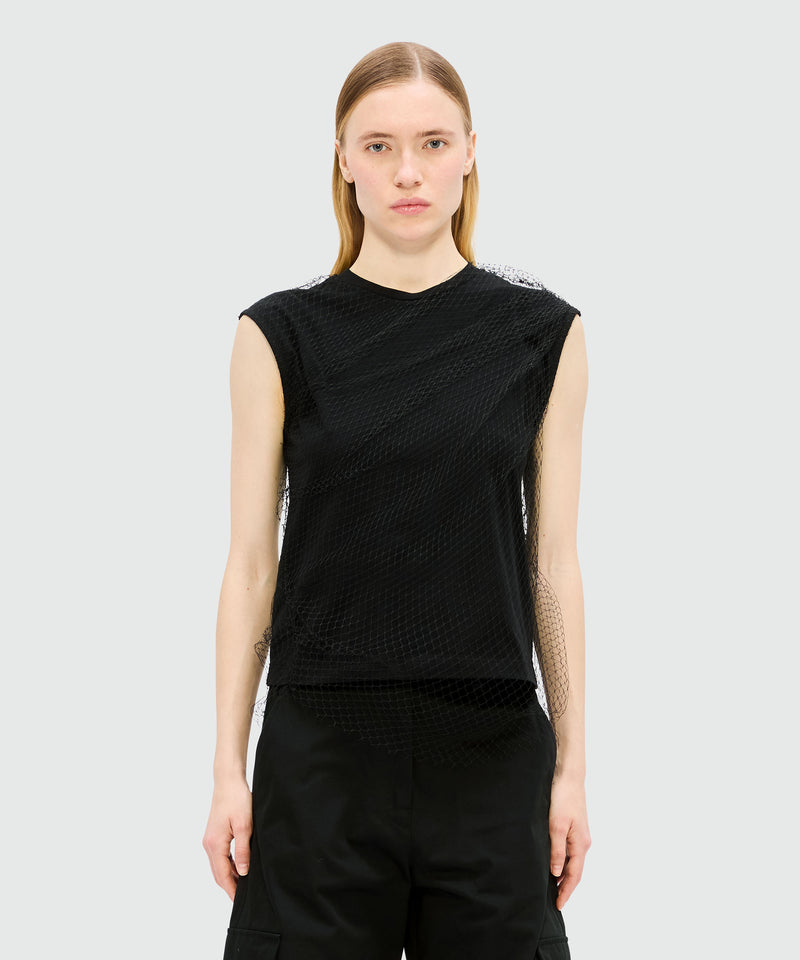 Top nero in jersey di cotone con layer in tulle 99 Donna 