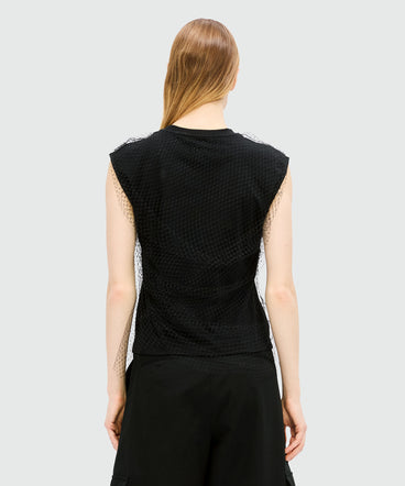 Top nero in jersey di cotone con layer in tulle