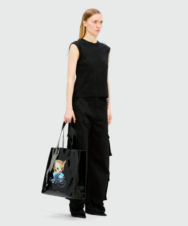 Top nero in jersey di cotone con layer in tulle 99 Donna 