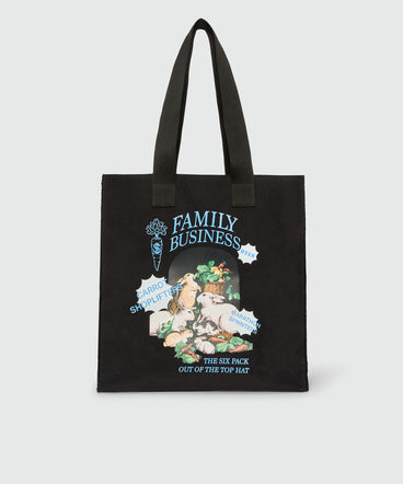 Black canvas tote with "Family Business" print