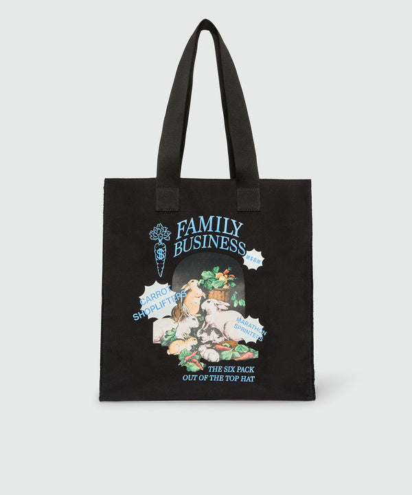 Black canvas tote with "Family Business" print
