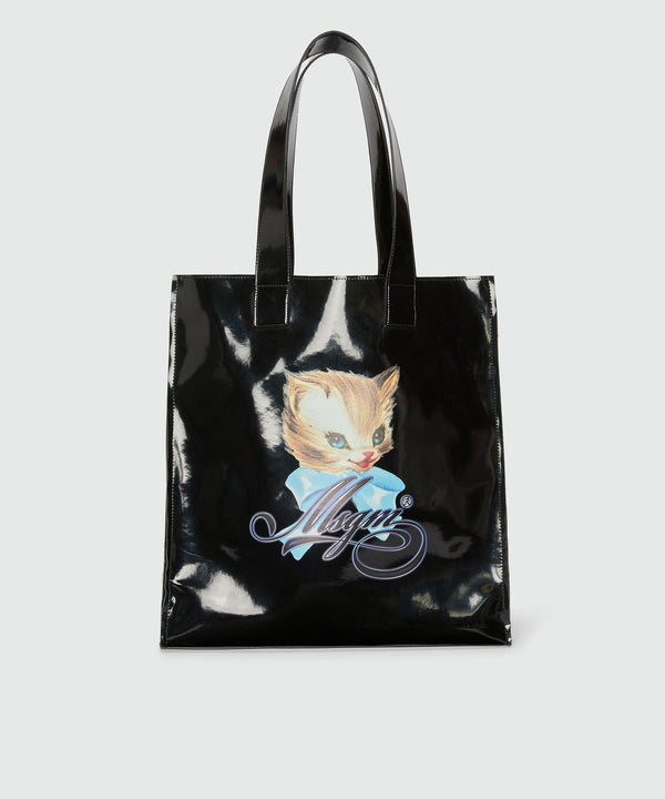 Black patent leather tote with "Cute Kitty" print and cursive MSGM logo