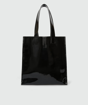 Black patent leather tote with "Cute Kitty" print and cursive MSGM logo
