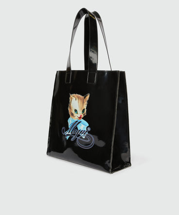 Black patent leather tote with "Cute Kitty" print and cursive MSGM logo