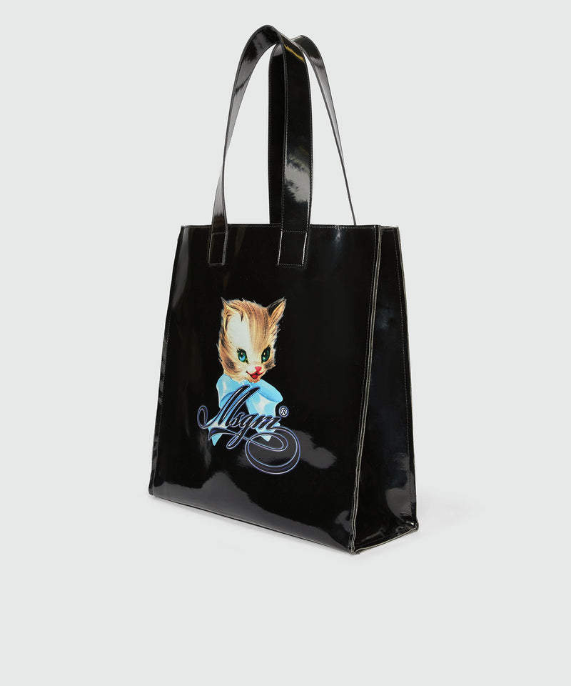 Black patent leather tote with "Cute Kitty" print and cursive MSGM logo 99 Women 