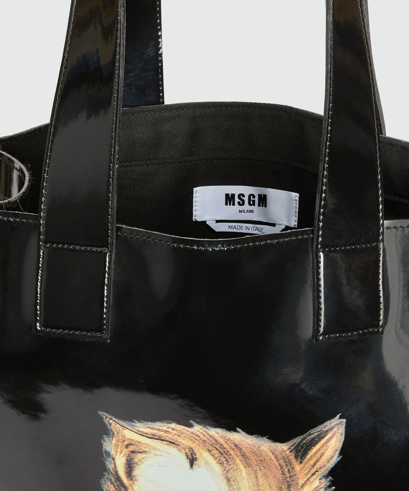 Black patent leather tote with "Cute Kitty" print and cursive MSGM logo 99 Women 