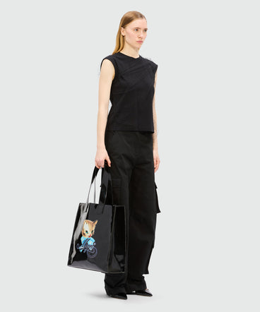 Black patent leather tote with "Cute Kitty" print and cursive MSGM logo