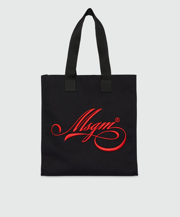 Black canvas tote with red cursive MSGM logo
