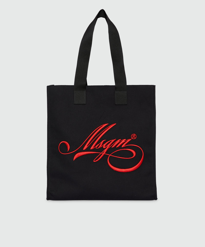 Black canvas tote with red cursive MSGM logo 18 Women 