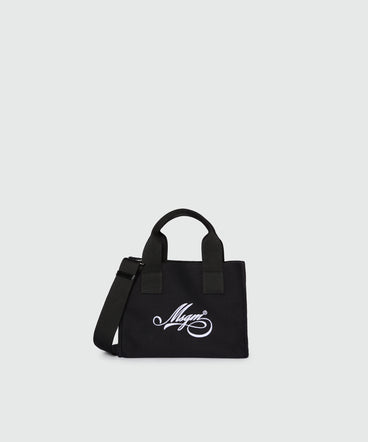 Black canvas micro tote with white cursive MSGM logo