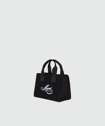 Black canvas micro tote with white cursive MSGM logo