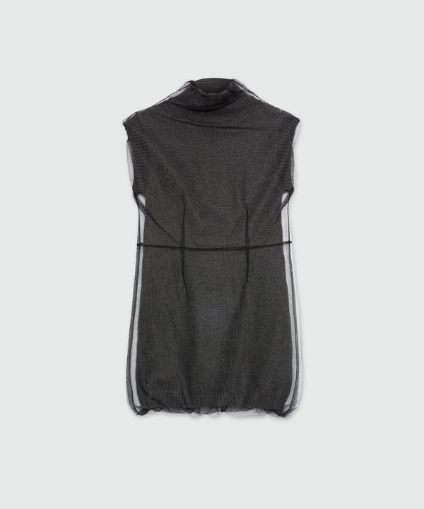 Short sleeveless anthracite knitted dress with tulle overlay