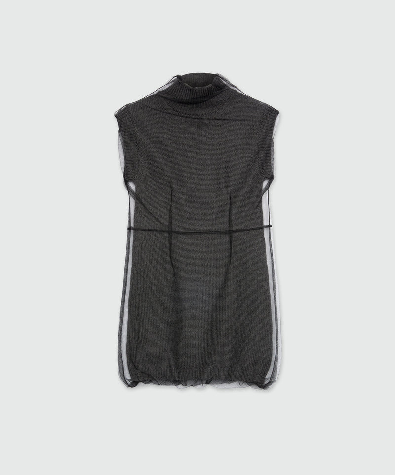 Short sleeveless anthracite knitted dress with tulle overlay 98 Women 