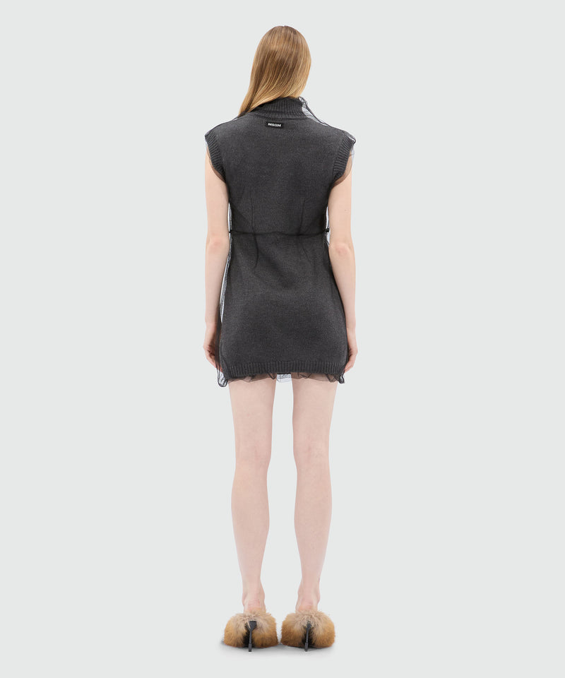 Short sleeveless anthracite knitted dress with tulle overlay 98 Women 