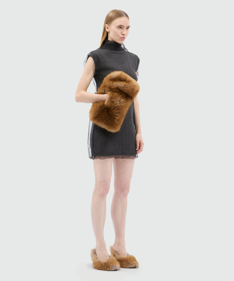 Short sleeveless anthracite knitted dress with tulle overlay 98 Women 