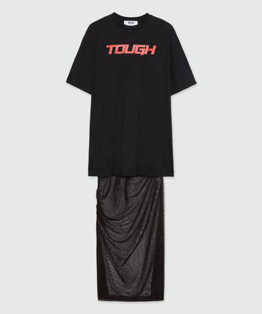 Long black dress in mixed tulle with "TOUGH" print