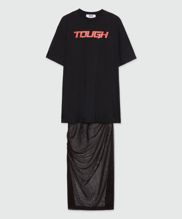 Long black dress in mixed tulle with "TOUGH" print