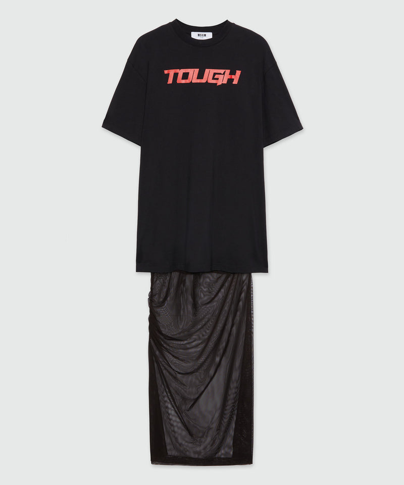 Long black dress in mixed tulle with "TOUGH" print 99 Women 