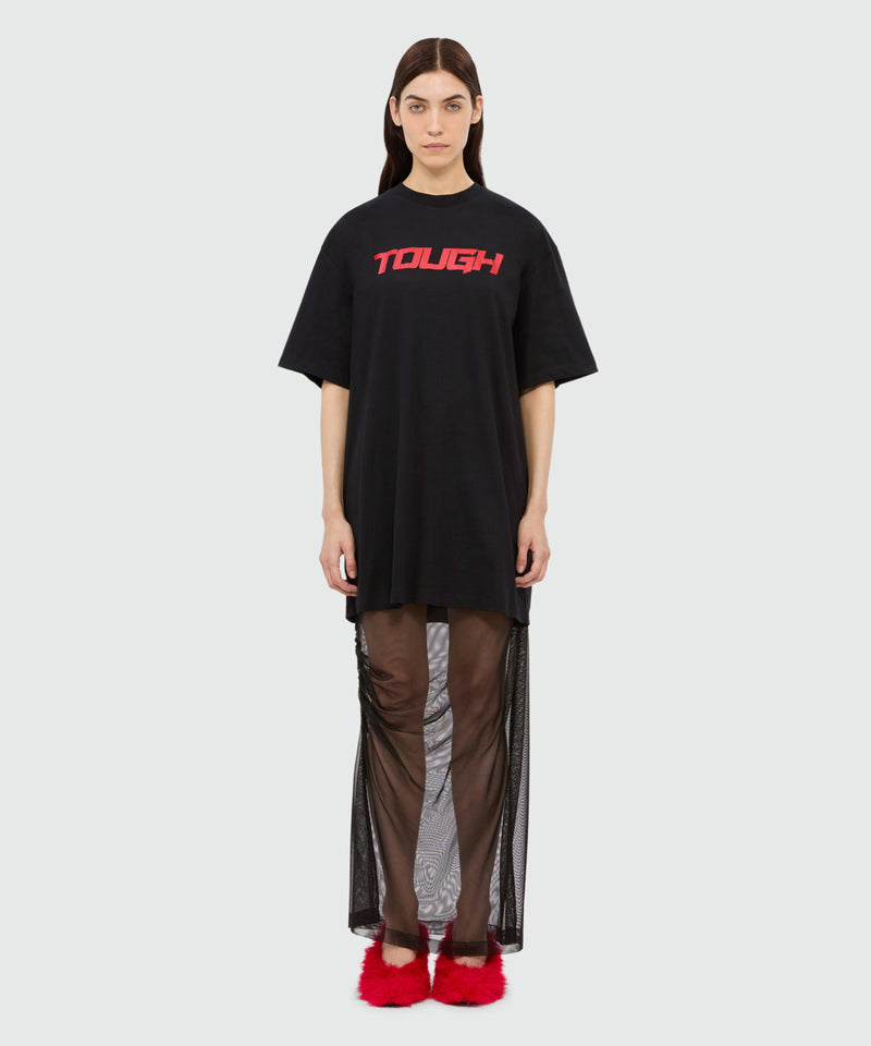 Long black dress in mixed tulle with "TOUGH" print 99 Women 