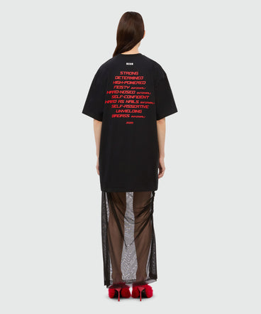 Long black dress in mixed tulle with "TOUGH" print