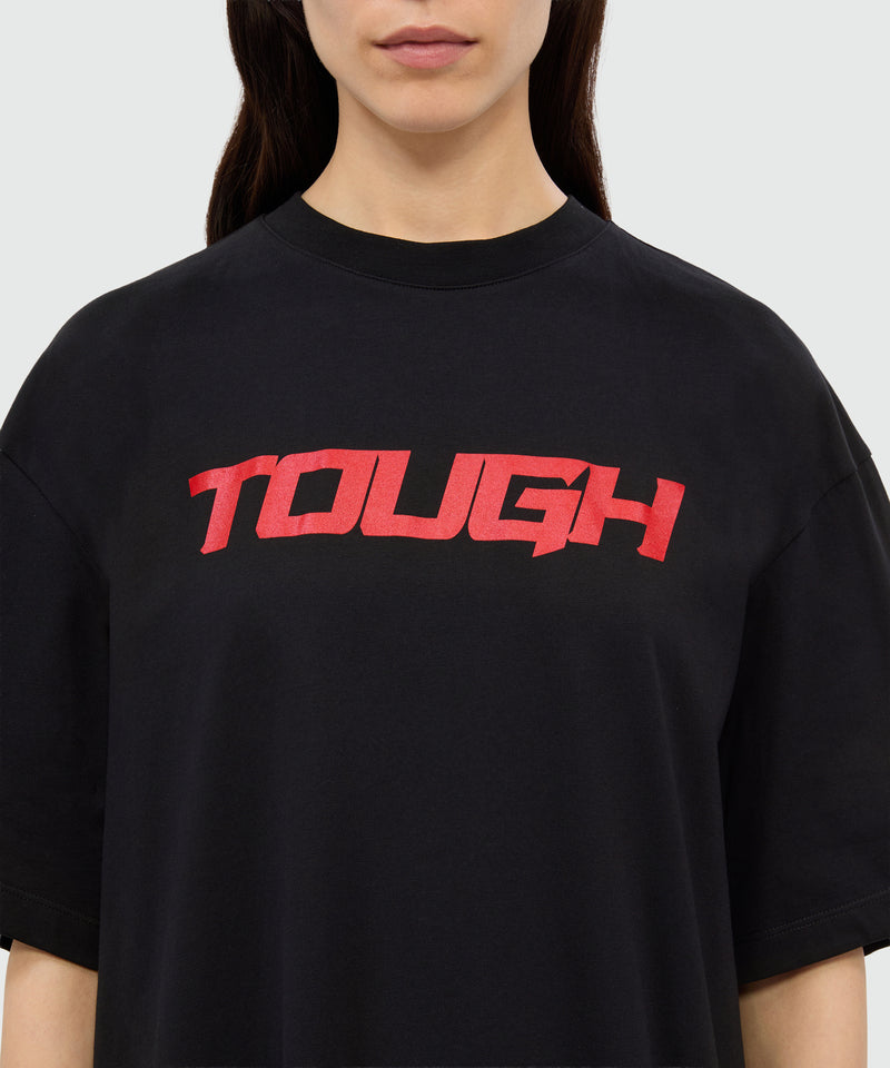 Long black dress in mixed tulle with "TOUGH" print 99 Women 