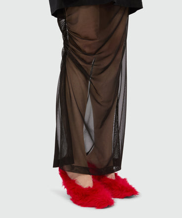 Long black dress in mixed tulle with "TOUGH" print