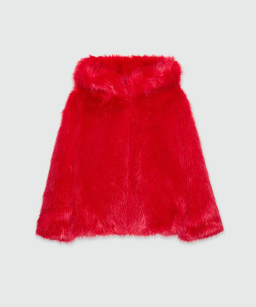Cappotto rosso in eco-pelliccia con cappuccio