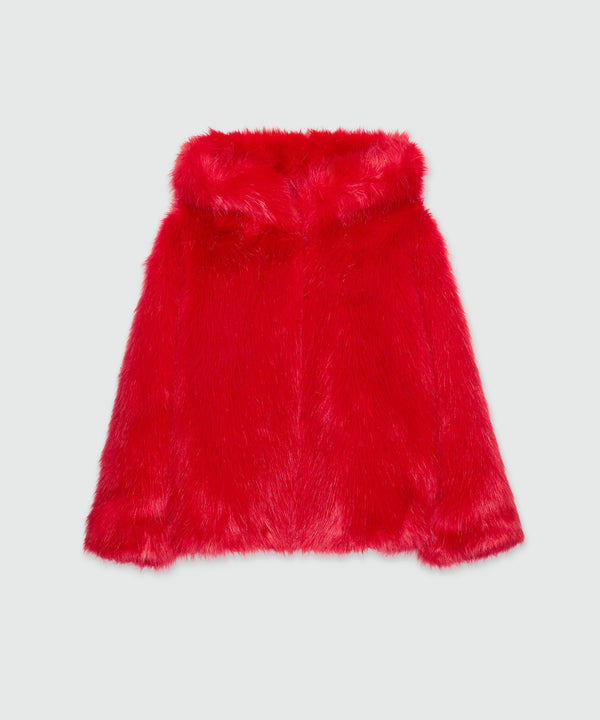 Cappotto rosso in eco-pelliccia con cappuccio