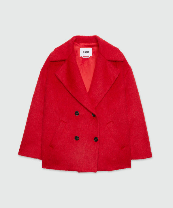 Cappotto doppiopetto corto rosso in feltro di lana spazzolato