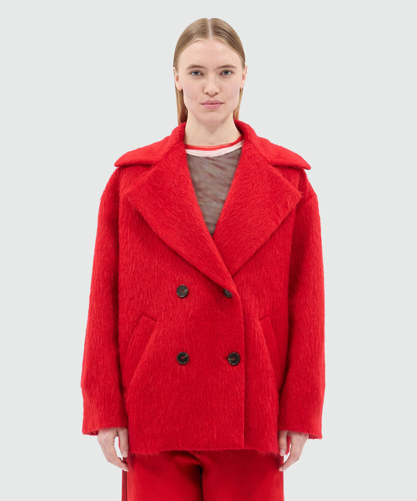 Cappotto doppiopetto corto rosso in feltro di lana spazzolato