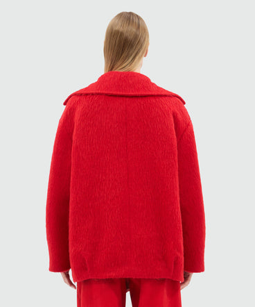 Short double-breasted coat in red brushed wool felt