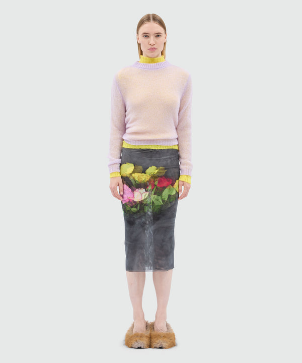 Black tulle midi skirt with "Roses bouquet" print