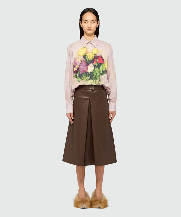 Brown hammered faux leather midi skirt