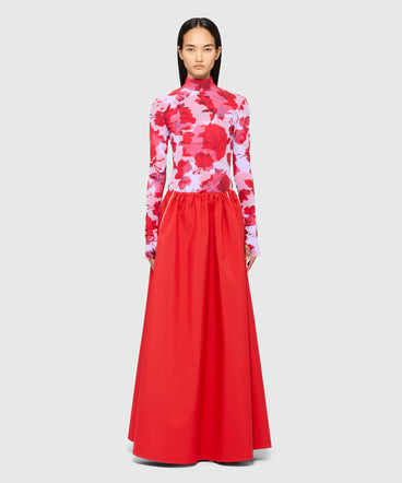 Long red nylon skirt with contrasting piping