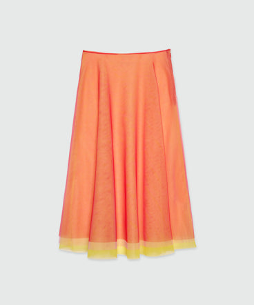 Red midi skirt in light multicolored tulle overlay