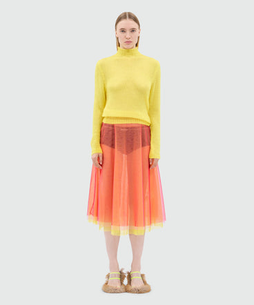 Red midi skirt in light multicolored tulle overlay