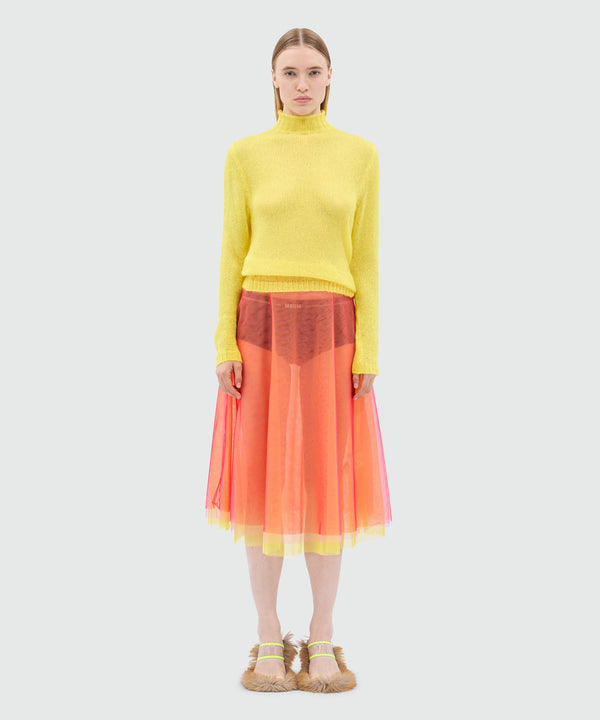 Red midi skirt in light multicolored tulle overlay