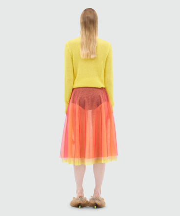 Red midi skirt in light multicolored tulle overlay