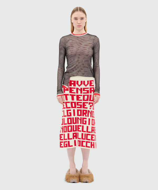 Cream jacquard knit skirt with red lettering by Caterina Frongia x MSGM