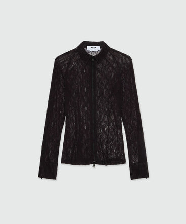 Black floral stretch lace shirt with zip