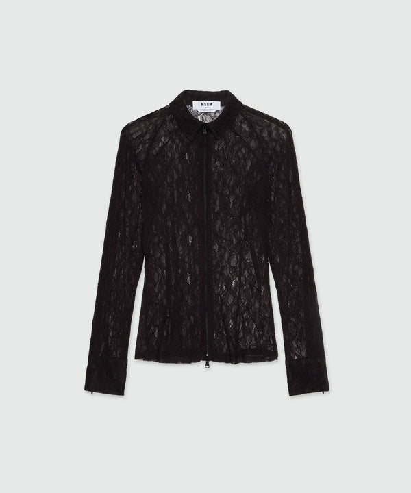 Black floral stretch lace shirt with zip