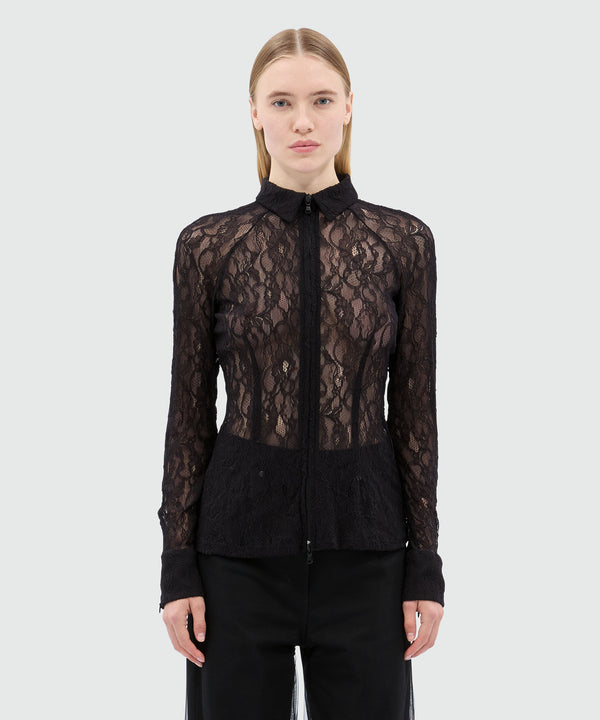 Black floral stretch lace shirt with zip