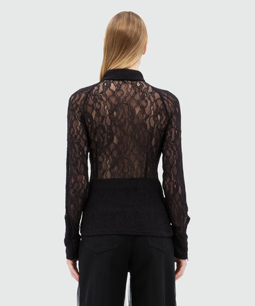 Black floral stretch lace shirt with zip