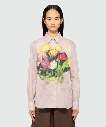 Pink poplin shirt with "Roses bouquet" print