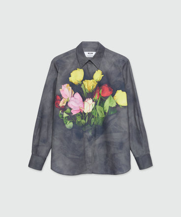Black poplin shirt with "Roses bouquet" print